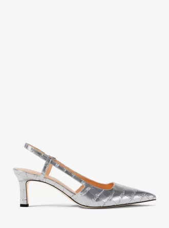 Alora メタリッククロコダイルエンボスレザースリングバックパンプス