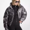 メタリック ナイロン シレ パファー ジャケット