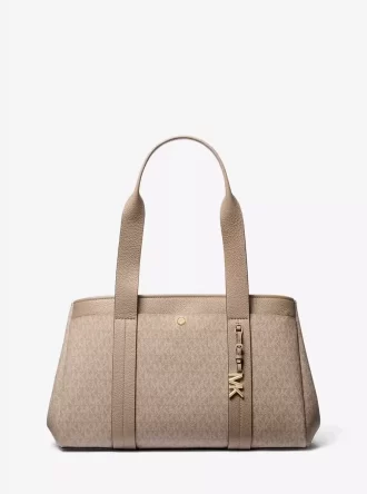 ロミー ラージ シグネチャー ロゴ＆レザー トートバッグ