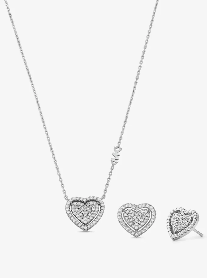 貴金属メッキスターリングシルバーパヴェハートネックレス＆イヤリングギフトセット