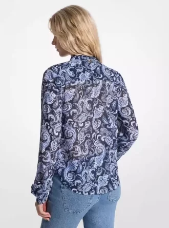 ペイズリープリントジョーゼットタイネックブラウス