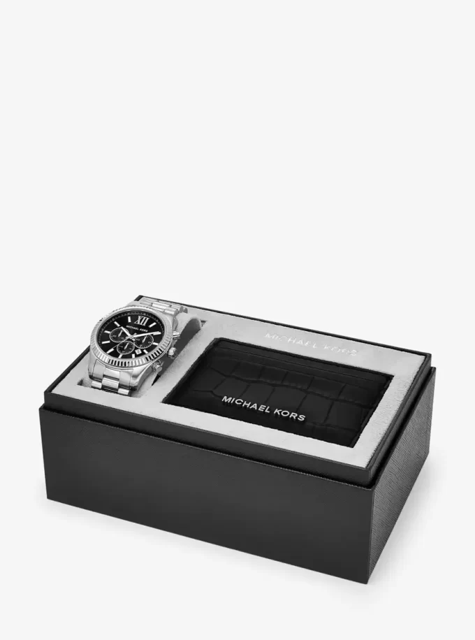 特大サイズのレキシントン シルバートーンウォッチとクロコダイル型押しレザーカードケース ギフトセット 特大サイズのレキシントン シルバートーンウォッチとクロコダイル型押しレザーカードケース ギフトセット